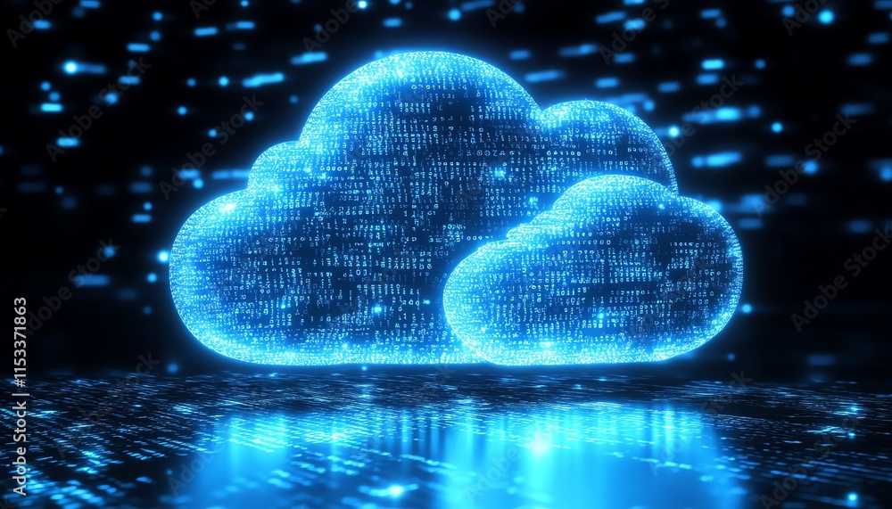 Poster a glowing blue cloud symbol against a dark background, symbolizing cloud computing and digital stora