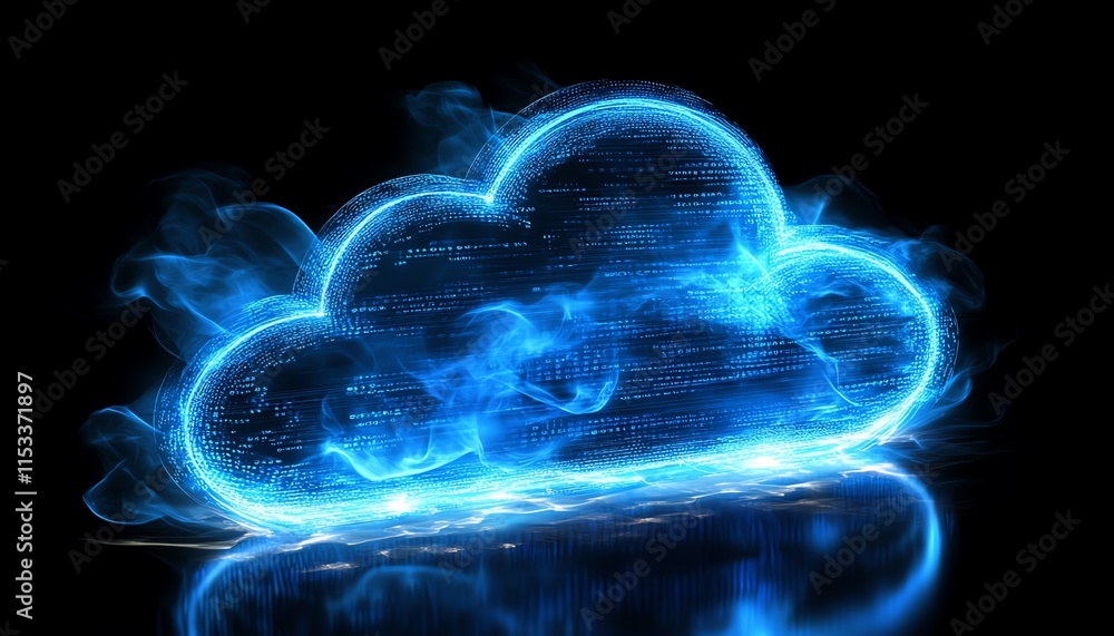 Poster a glowing blue cloud symbol against a dark background, symbolizing cloud computing and digital stora