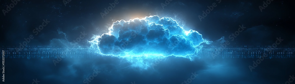 Poster a glowing blue digital cloud symbol representing cloud storage, technology, and computing, with bina