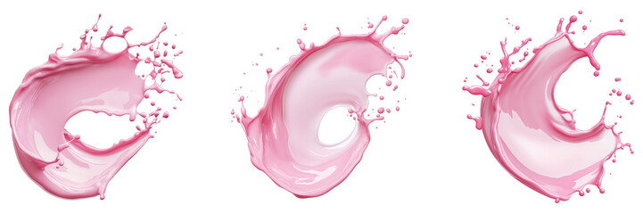 Strawberry milk or pink color liquid splashing on transparent background