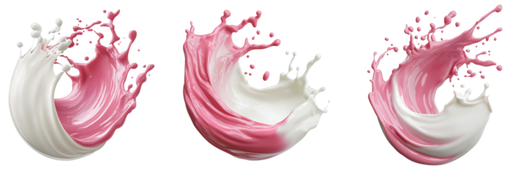 Strawberry milk mixed white milk. Pink and white color liquid on transparent background