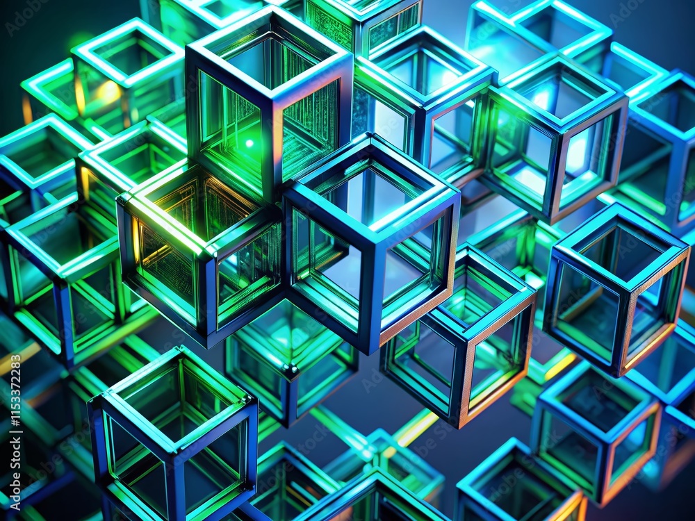 Poster abstract blockchain technology: neon cubes on dark gradient background