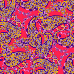 Paisley vector seamless design featuring stunning flowers and leaves in a batik-inspired style. Vintage backdrop