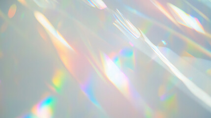 Holographic rainbow light refraction texture overlay with abstract soft bokeh effect on a white wall backdrop. Natural prismatic glow and shadows. Background with copy space. For design