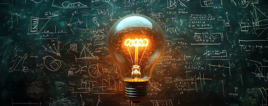 A glowing light bulb floating amidst mathematical equations and scientific symbols, representing the power of creativity and innovation in the world of science