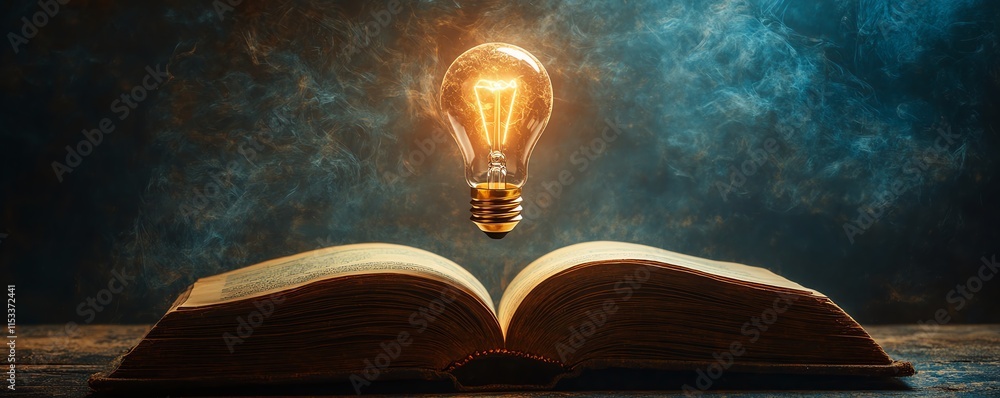 Poster a glowing light bulb hovering above an open book, representing creativity and knowledge, set against