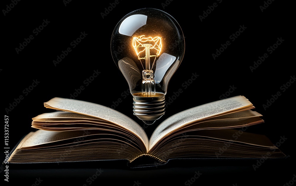 Poster a glowing light bulb hovering above an open book, representing creativity and knowledge, set against
