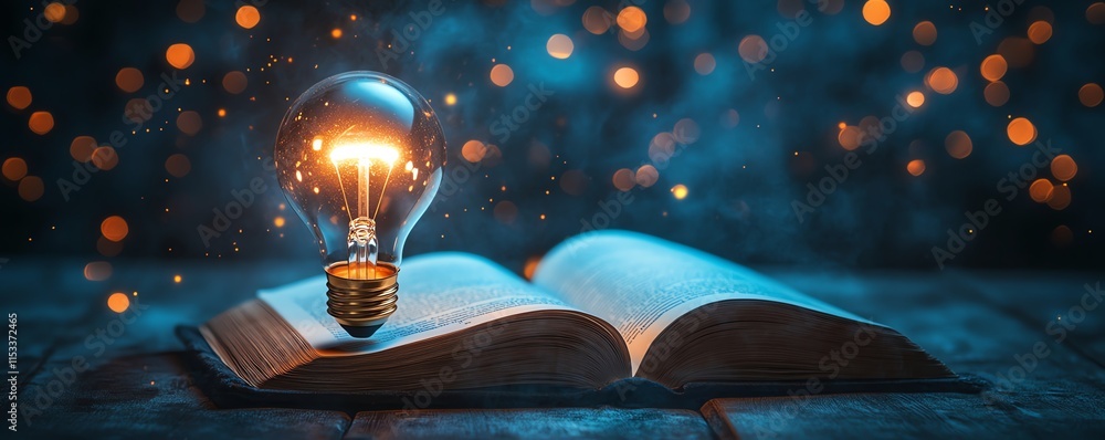 Poster a glowing light bulb hovering above an open book, representing creativity and knowledge, set against