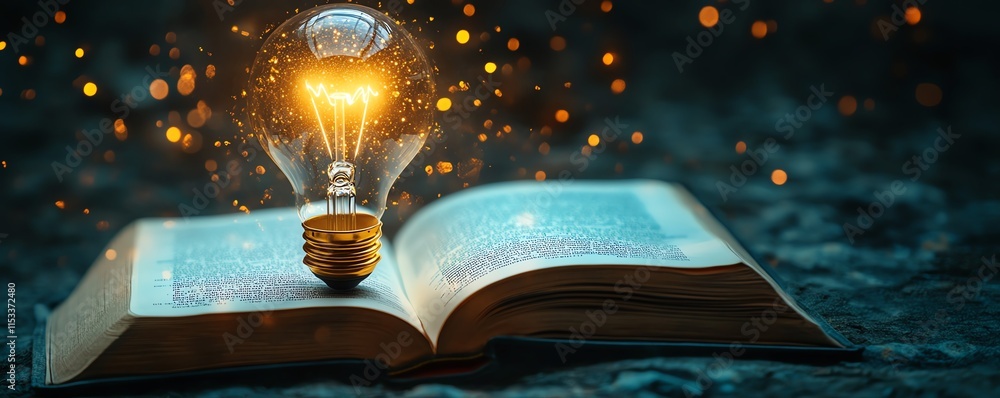 Poster a glowing light bulb hovering above an open book, representing creativity and knowledge, set against