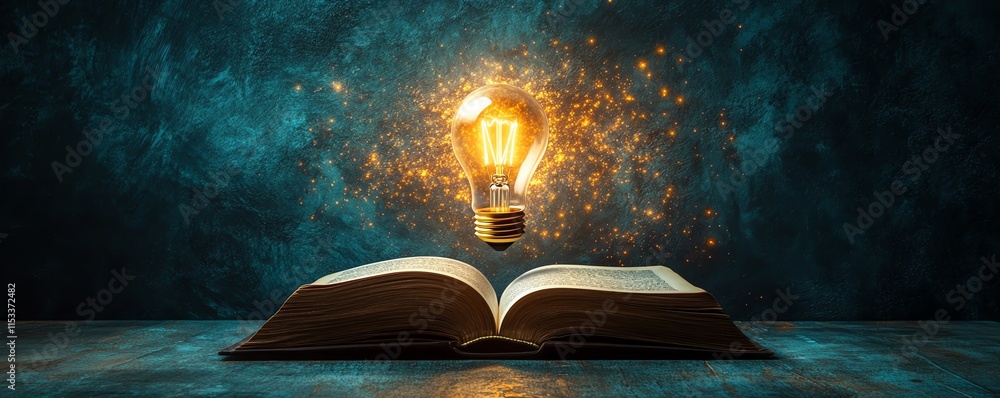 Poster a glowing light bulb hovering above an open book, representing creativity and knowledge, set against