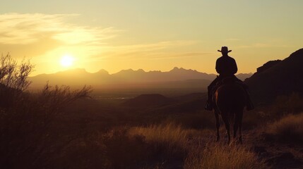 A cowboy riding into the sunset with desert hills