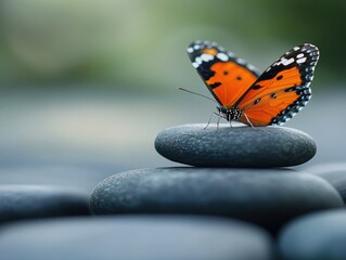 Obraz premium Peaceful Reflection - Butterfly on Zen Rocks