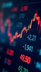 Close-up of stock market board with rising numbers and graphs, charts, market