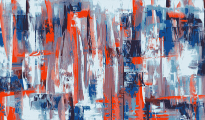 Dynamic abstract painting featuring energetic vertical brushstrokes in shades of vibrant red, deep blue, and cool white, creating a bold visual statement