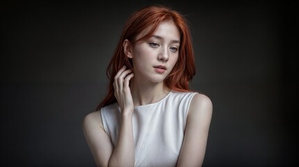 Fototapeta premium A Korean woman with red hair is wearing a sleeveless white dress and is gently touching her hair with one hand.