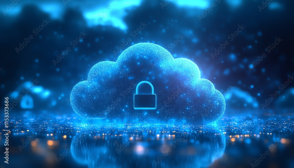 Poster a locked padlock on top of a cloud, representing secure cloud storage and data privacy in the digita
