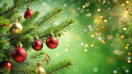 Abstract Christmas Music: Festive Notes, Branches & Baubles on Green