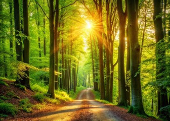 Obraz premium Sunlit Beech Forest Path, Bernried, Bavaria, Germany - Lush Green Canopy