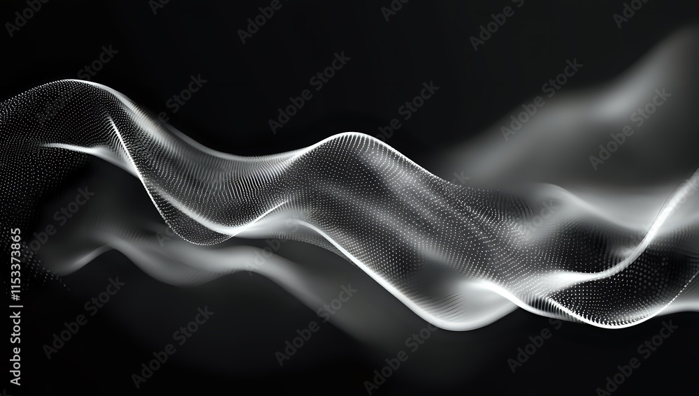 Poster abstract waveforms: digital particles flowing dynamically across dark background, elegant motion gra