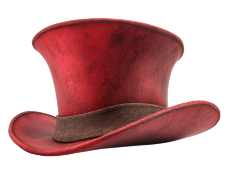 vibrant red top hat with wide brim and brown band, isolated on transparency background, showcasing classic and elegant design