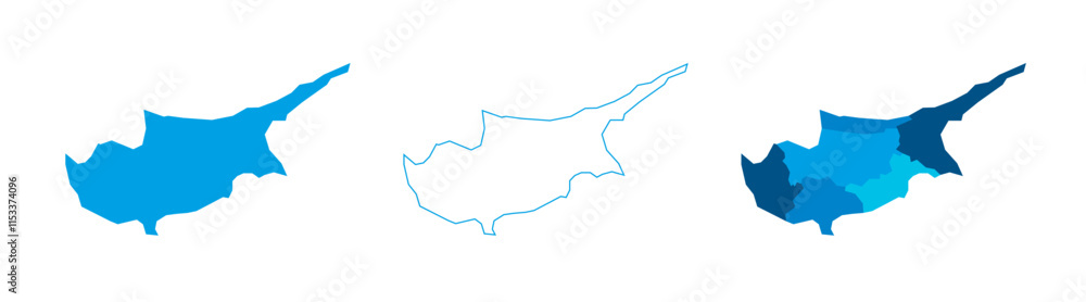 Poster cyprus set of three maps - solid map, outline map and map highlighting administrative divisions. thr