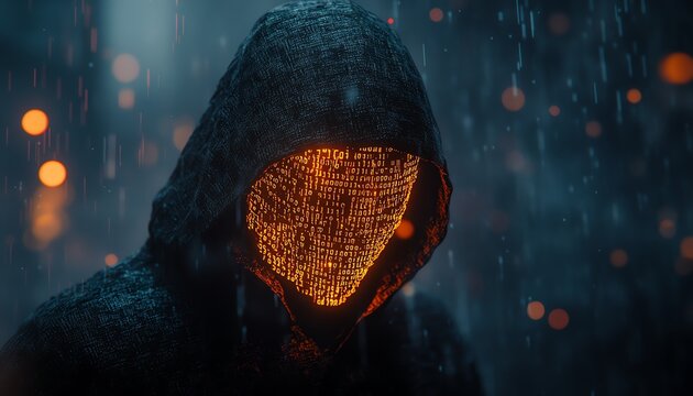 A mysterious hooded figure with a face made of glowing binary code, symbolizing the world of anonymous hackers and programmers, set in a dark, digital world