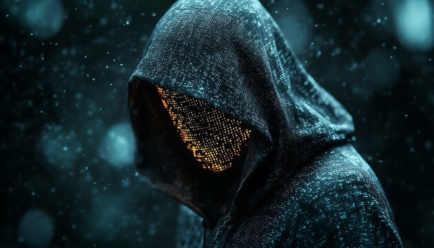 A mysterious hooded figure with a face made of glowing binary code, symbolizing the world of anonymous hackers and programmers, set in a dark, digital world
