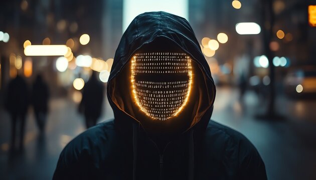A mysterious figure in a hoodie, with a face composed of glowing binary code, embodying an anonymous hacker or programmer in a futuristic digital environment