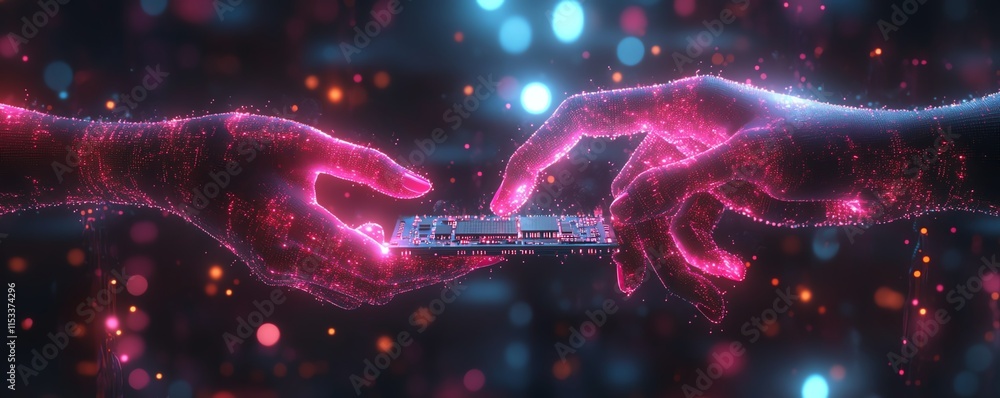 Poster a pair of hands gripping glowing microchips, representing advanced technology and innovation, with v