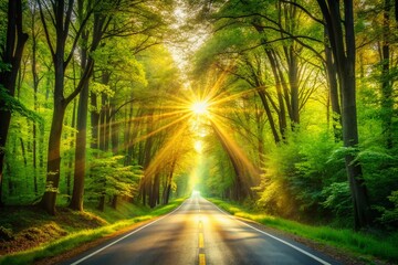 Obraz premium Sunlit Spring Highway Vanishing into Silent Forest - Double Exposure Stock Photo