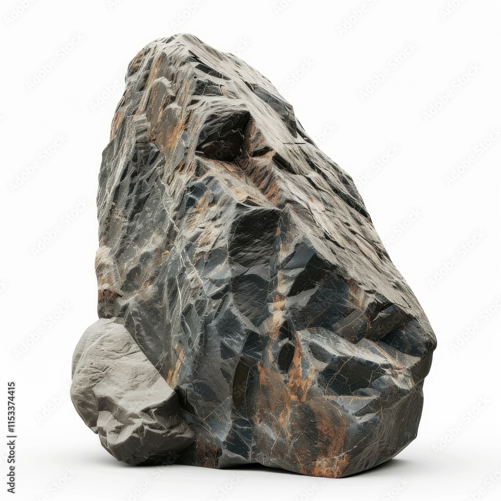 Poster large, dark rock formation with rough texture and visible cracks, isolated on a white background, cr