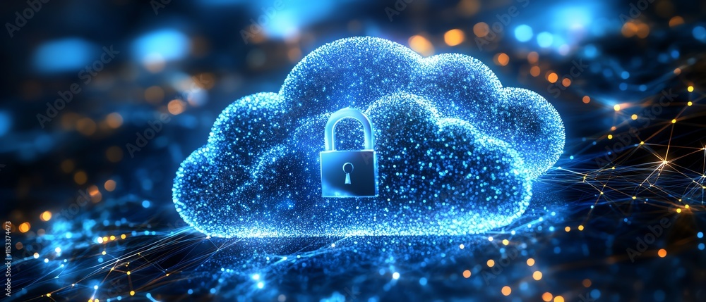 Poster a secure cloud storage concept featuring a locked padlock, representing data security and privacy, w