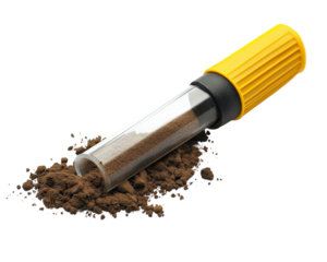 soil pH tester with yellow handle is isolated on transparency background, featuring transparent tube filled with soil. This tool is essential for gardening and agriculture to measure soil acidity