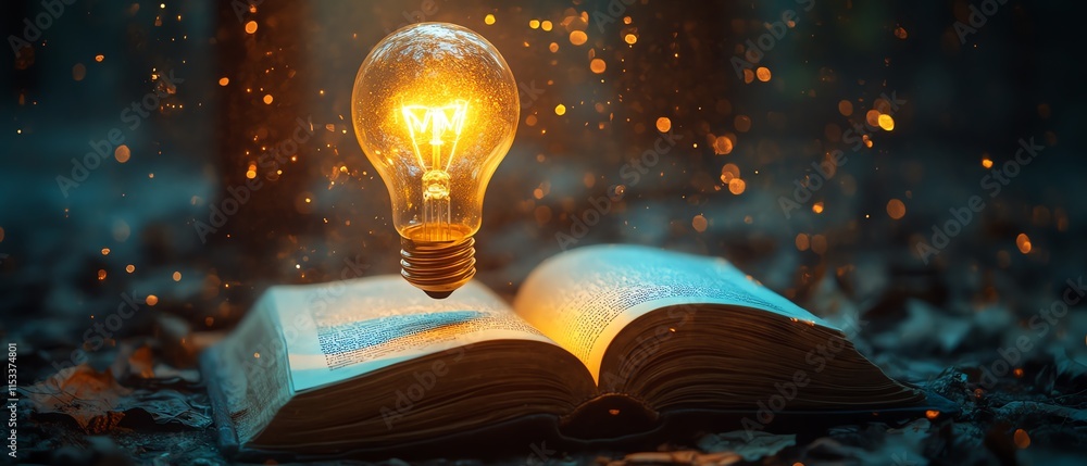 Poster an illuminated light bulb hovering over an open book, symbolizing the spark of creativity and knowle