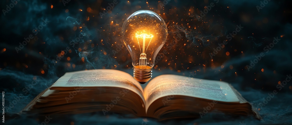 Poster an illuminated light bulb hovering over an open book, symbolizing the spark of creativity and knowle