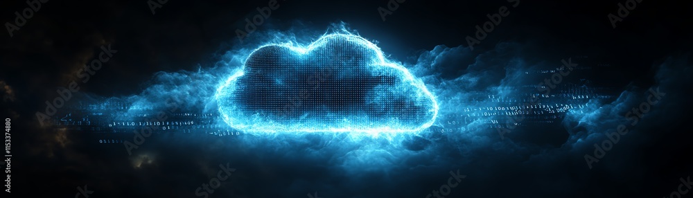 Poster blue glowing cloud symbol against a dark backdrop, representing cloud technology and digital storage