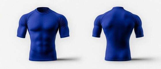 blank blue  short  sleeve rash guard mockup front and back view.	

