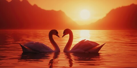 Fototapeta premium Romantic Sunset Swans in Lake