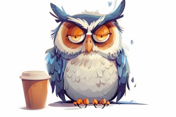 Funny cartoon owl with messy feathers holding coffee cup, cartoon style, on white