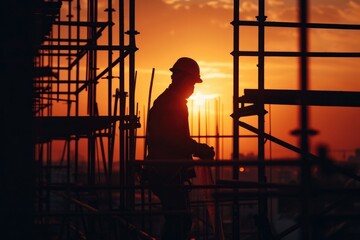 Fototapeta premium Construction Workers Building a Concrete Structure on Scaffolding: Industry and Development Silhouette