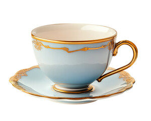 Elegant blue and gold teacup with saucer, featuring intricate detailing and classic design, isolated on transparency background. Perfect for sophisticated tea setting