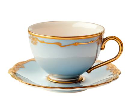 Elegant blue and gold teacup with saucer, featuring intricate detailing and classic design, isolated on transparency background. Perfect for sophisticated tea setting