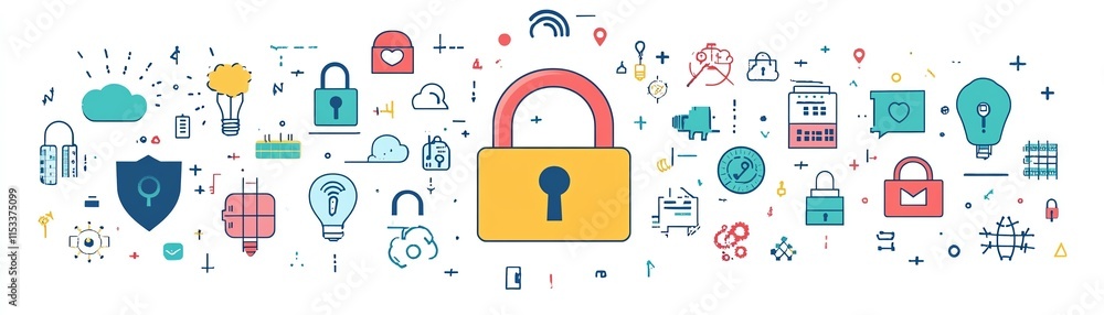 Poster cloud storage security concept with a locked padlock, representing data protection and privacy, surr