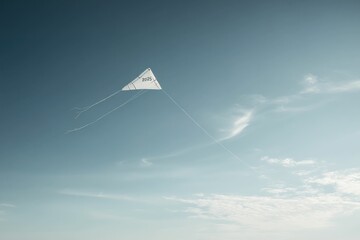 kite flying, blue sky, freedom, creativity, joy, outdoor activity, simplicity, leisure, nature A single white kite soaring against a vast blue sky with soft clouds, symbolizing freedom and playfulne