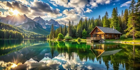 Fototapeta premium Sunny Mountain Lake Cabin Landscape Stock Photo - Idyllic Rural Retreat