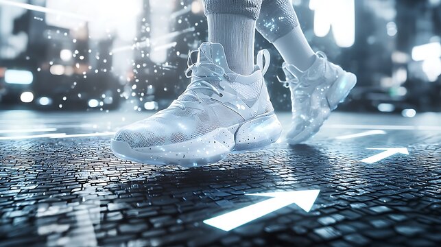 Futuristic Sneakers On City Street Showing Direction - Powered by Adobe
