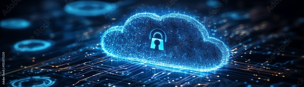 Poster cloud storage security concept with a locked padlock, representing data protection and privacy, surr