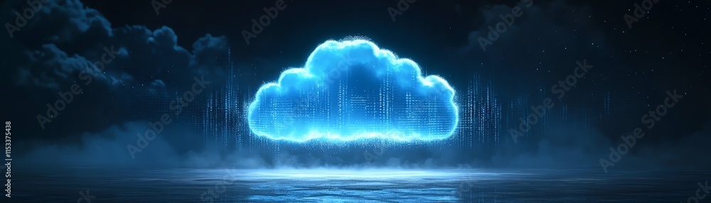 Poster glowing blue cloud icon representing cloud storage and computing, with dynamic binary code flowing t