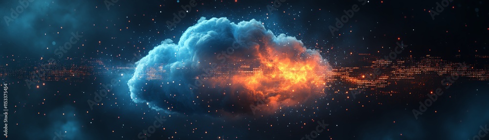 Poster glowing blue cloud icon representing cloud storage and computing, with dynamic binary code flowing t