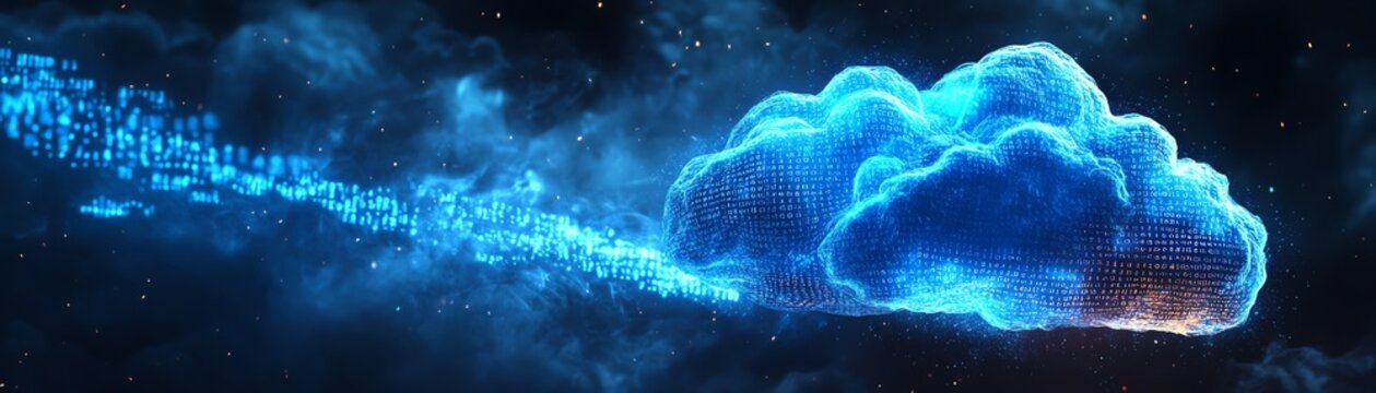 Glowing blue cloud icon representing cloud storage and computing, with dynamic binary code flowing through the scene, against a dark technological backdrop
